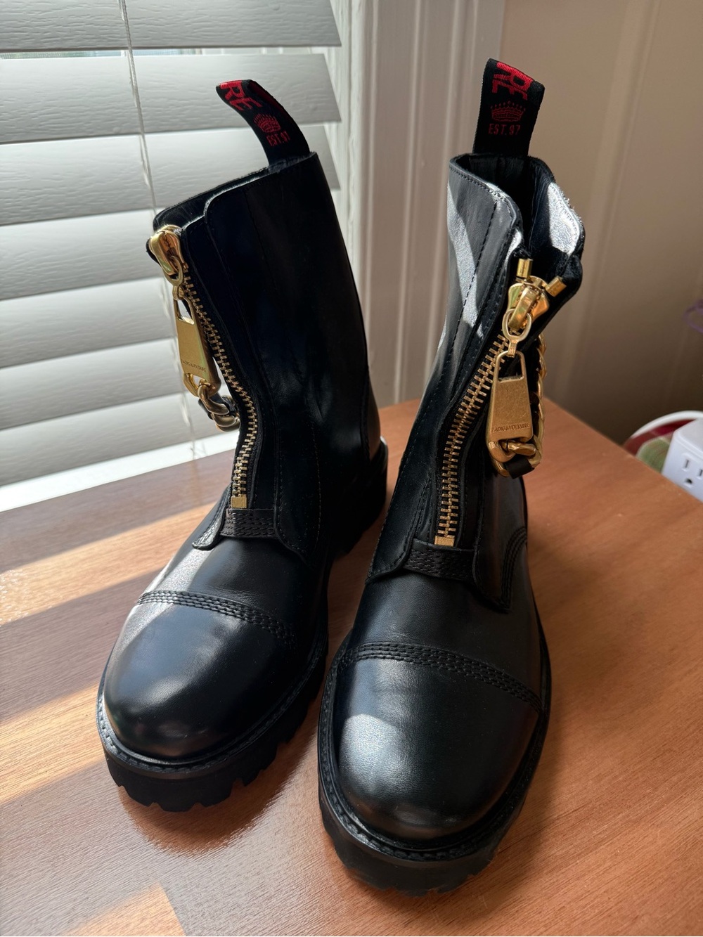 Zadig & Voltaire Joe Cecilia Black Leather Combat Boots with Gold Zippers